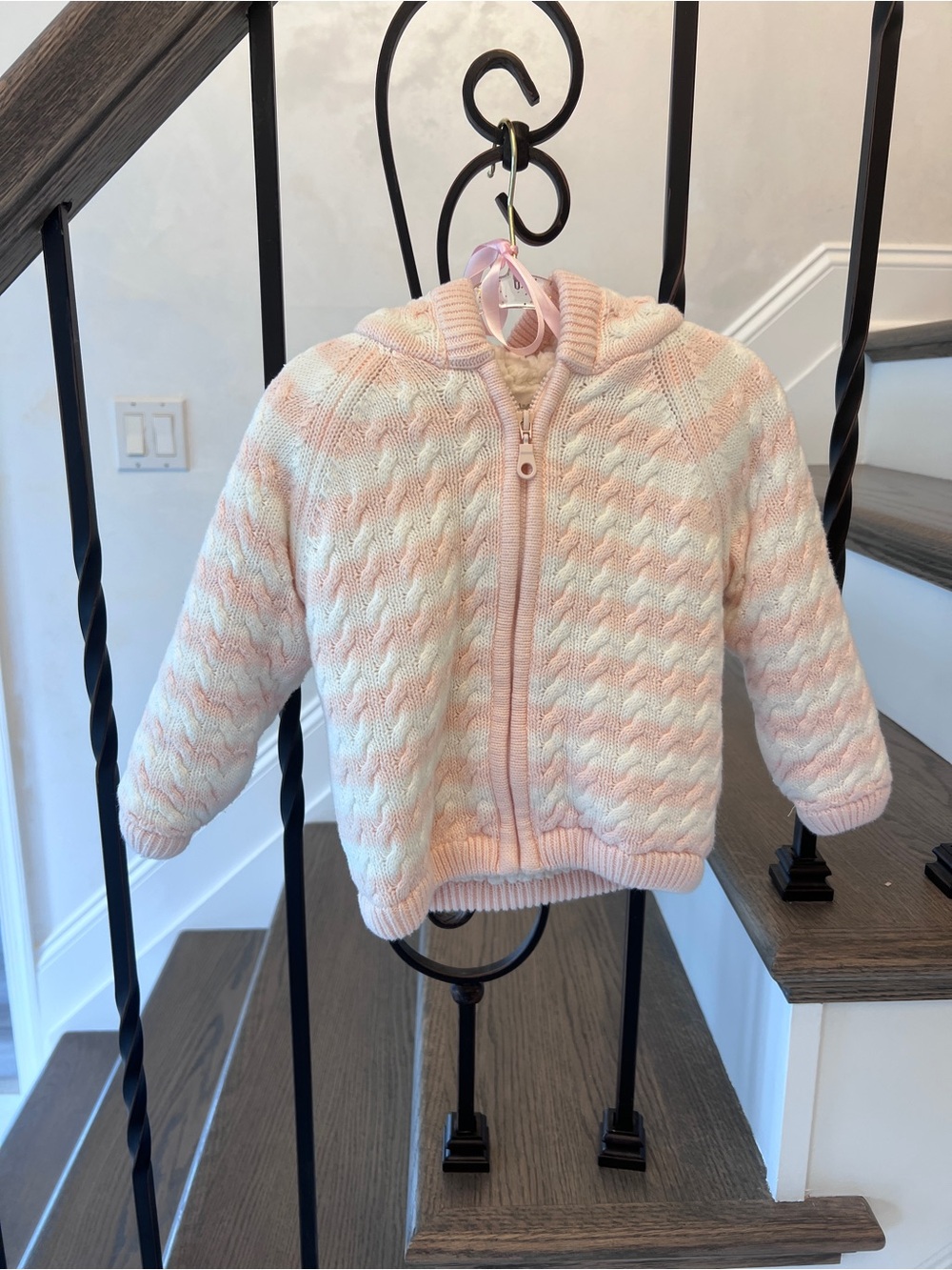 Angel Dear Pink White Cable Knit Sherpa Lined Hooded Jacket Cardigan 12-18M